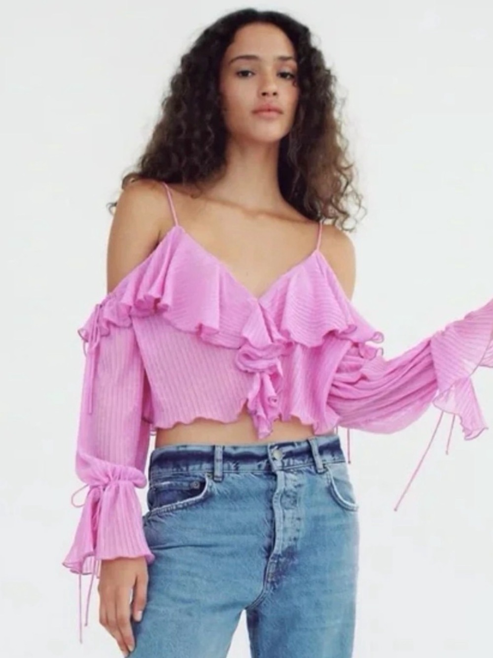 Zara Pink Ruffled Pleated Top Off the Shoulder Long Sleeve Size S